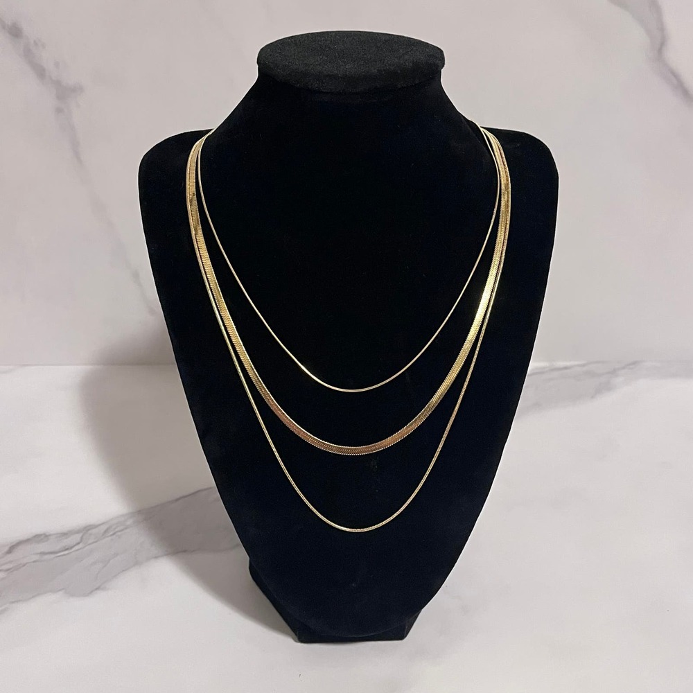 Herringbone Triple Stacked Layered Fashion Gold Plated Necklace Minimalist - Picture 4 of 7